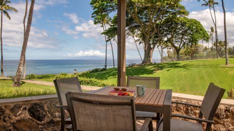 A patio with a table and chairs overlooks a scenic ocean view, bordered by lush greenery and tall palm trees under a partly cloudy sky.