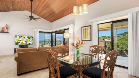 The image shows a bright living room with wooden ceiling, glass table, tropical decor, and a view of greenery through large windows and sliding doors.
