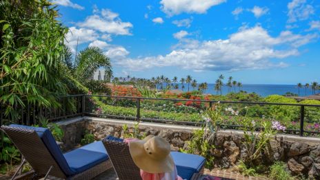 The image shows a patio with lounge chairs, a person with a hat, lush greenery, palm trees, and an ocean view under a blue sky with clouds.