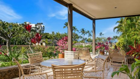 A patio with chairs and a table overlooks a garden with tropical plants and blue sky, creating a relaxing outdoor setting.