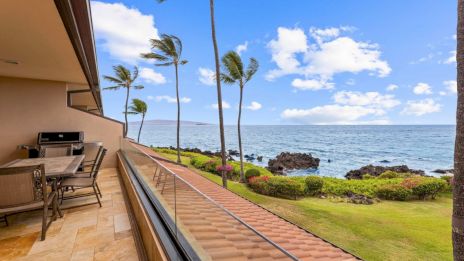 A beachside patio with outdoor dining set, surrounded by palm trees, overlooks the ocean with a sunny sky and clouds in the background.