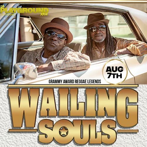 Two men in a vintage car with sunglasses, billboard-style text reads &ldquo;WALLING SOULS&rdquo; and &ldquo;GRAMMY AWARD REGGAE LEGENDS&rdquo; with event date AUG 7TH.