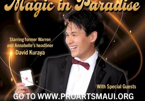 A poster for a magic show titled &ldquo;Magic in Paradise&rdquo; starring David Kuraya, with show dates and a website.