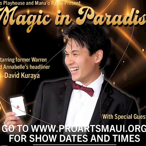A poster for a magic show titled &ldquo;Magic in Paradise&rdquo; starring David Kuraya, with show dates and a website.