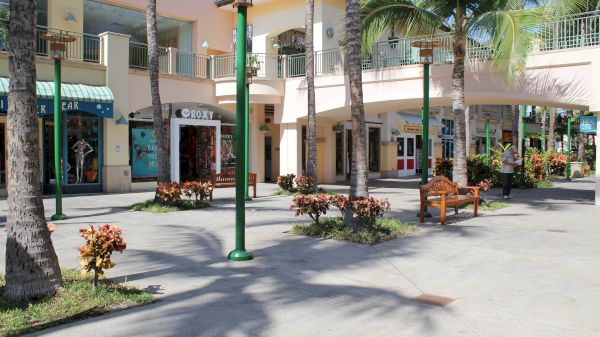 Open-air shopping area with stores, palm trees, and benches. The setting is sunny and well-maintained, creating a relaxed atmosphere.