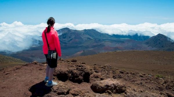 A person in a pink jacket stands on a rocky landscape, gazing at distant mountains and clouds under a clear blue sky.