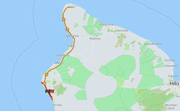 The image is a map showing a route on the northwest coast of an island, with marked paths and locations, including the towns of Waimea and Hilo.