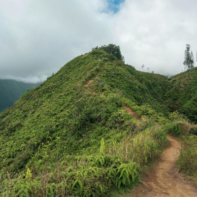 A lush green hill with a dirt path winding up, under a cloudy sky, provides a serene and scenic view perfect for a nature walk.