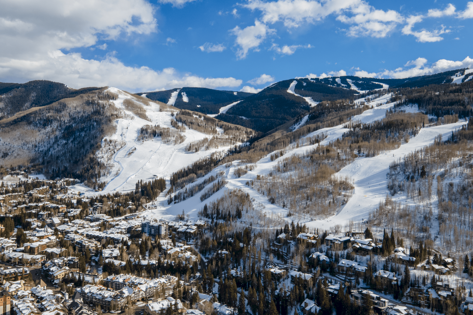A scenic view of a snowy mountain range with ski runs, surrounded by a village nestled in the forested valley. Cloudy sky overhead.