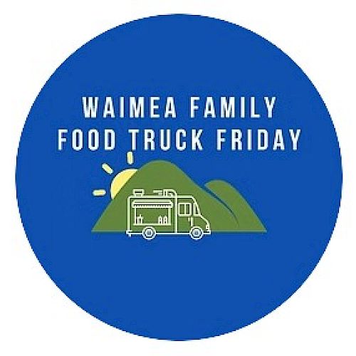 The image is a circular logo with the text "Waimea Family Food Truck Friday" and an illustration of a food truck in front of mountains.