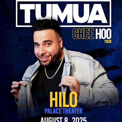The image is a promotional poster for a "CHEE HOO TOUR" by someone named Tumua, happening at Hilo Palace Theater on August 8, 2025.