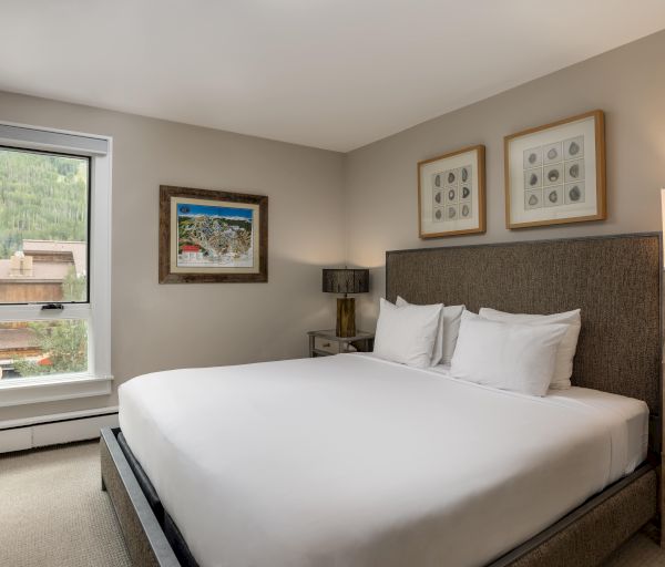 A neatly arranged bedroom with a large bed, pillows, artwork, a lamp, and a window overlooking an outdoor view completes the scene.