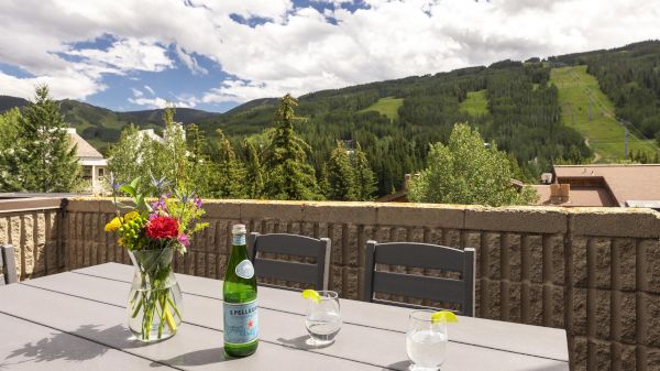 A patio table with a vase of flowers, a bottle, and glasses, set against a scenic mountain backdrop under a partly cloudy sky.