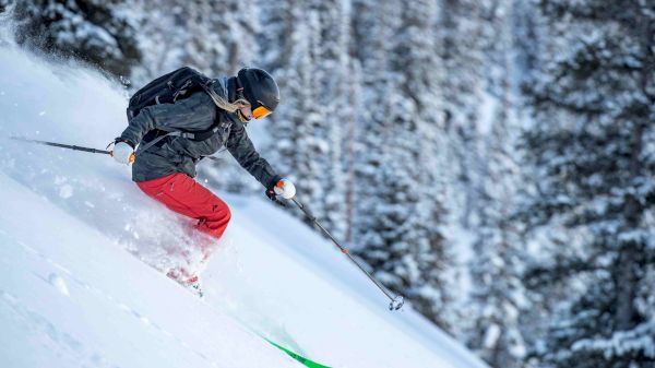A skier in a black jacket and red pants descends a snowy slope with trees in the background, holding ski poles.