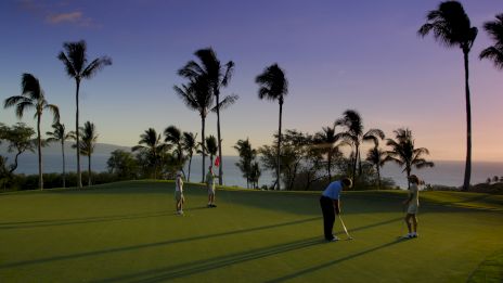 A group of golfers plays on a green course at sunset, with palm trees in the background highlighting a serene atmosphere.