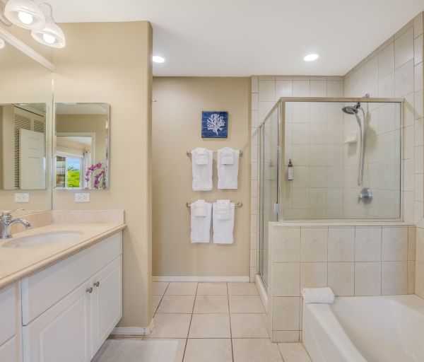 The image shows a modern bathroom with a shower, bathtub, double sink vanity, wall towels, and neutral tile and wall colors.