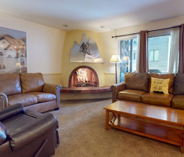 The image shows a cozy living room with two brown sofas, a coffee table, and a fireplace, creating a warm atmosphere.