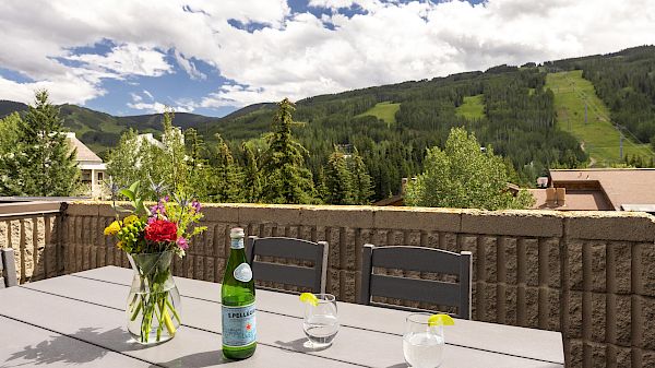 A patio table with a vase of flowers, a bottle of sparkling water, two glasses, and mountains in the background under a partly cloudy sky.