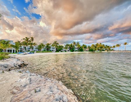 Scenic beach view with palm trees and houses along the shore under a colorful sky with clouds.
