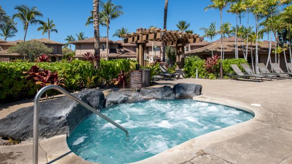 The image features a relaxing jacuzzi surrounded by tropical plants, lounge chairs, and sunny skies. It's a serene outdoor setting.
