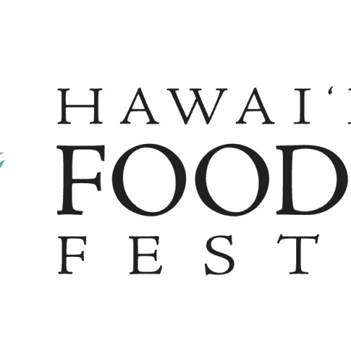 The image features the logo for the Hawaii Food & Wine Festival, showcasing a green leaf and a water design. Enjoy the flavors!
