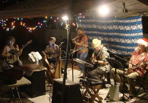 A group plays music under soft lights, with various instruments and festive attire, creating a lively and joyful atmosphere.