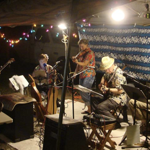A group plays music under soft lights, with various instruments and festive attire, creating a lively and joyful atmosphere.