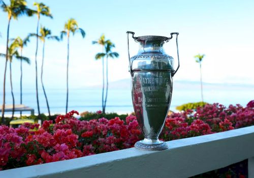 The image features a trophy resting on a ledge, surrounded by vibrant pink flowers, with a scenic ocean view and palm trees.