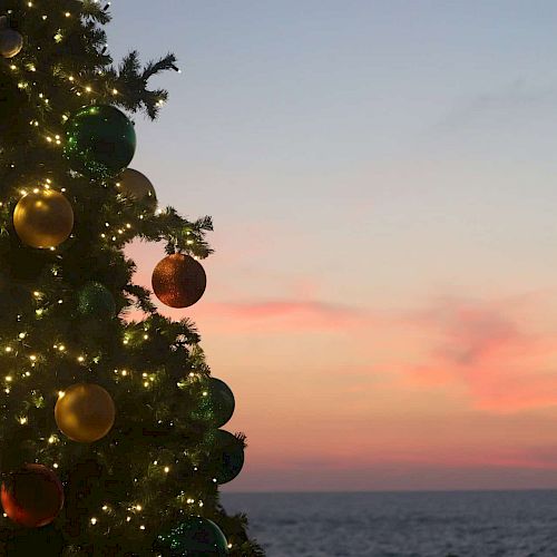 The image features a decorated Christmas tree with colorful ornaments, shimmering lights, and a serene sunset over the ocean.
