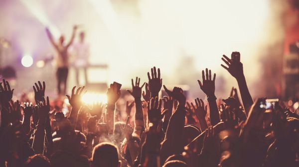 A vibrant crowd at a concert, with many hands raised in the air, celebrating and enjoying the live performance.