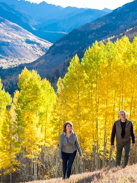 A couple enjoys a scenic autumn walk amidst vibrant yellow trees and mountains in the background, capturing nature's beauty.