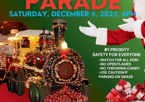A festive parade poster for the 65th Annual Waimea Christmas Twilight Parade, with Santa, a decorated train, lights, and event details, ending with a period. 140 characters: Waimea&rsquo;s 65th Annual Christmas Twilight Parade lights up Waimea with Santa, a sparkling train, and holiday cheer on Dec 6, 2025.