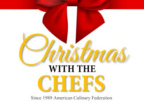 A festive banner for &ldquo;Christmas with the Chefs&rdquo; featuring a red ribbon bow, gold script, and a white background, with smaller text at the bottom.