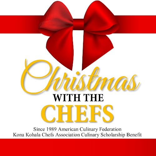 A festive banner for &ldquo;Christmas with the Chefs&rdquo; featuring a red ribbon bow, gold script, and a white background, with smaller text at the bottom.