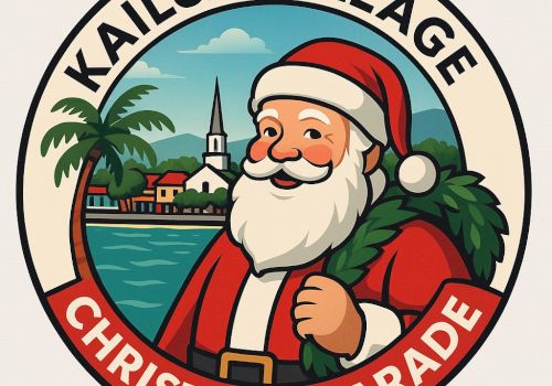 A festive circular badge featuring Santa Claus with a Christmas parade banner, palm trees, a coastal town, and the text &ldquo;Kailua Village Christmas Parade.&rdquo;