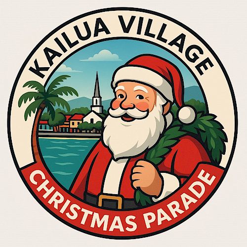 A festive circular badge featuring Santa Claus with a Christmas parade banner, palm trees, a coastal town, and the text &ldquo;Kailua Village Christmas Parade.&rdquo;