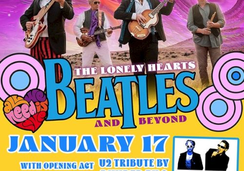 A colorful concert poster for &ldquo;The Lonely Hearts Beatles and Beyond&rdquo; tribute band event, with bright yellow and blue graphics, band photos, and date info. It ends with a period.