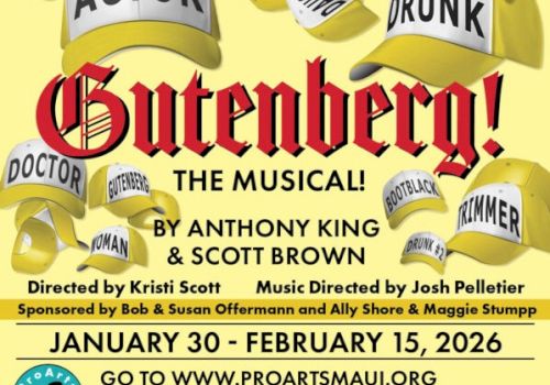 A poster for the musical "Gutenberg!" with yellow hats and torn paper captions, announcing actors, doctors, drunks; January 30&ndash;February 15, 2026.