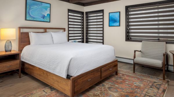 A tidy bedroom with a wooden bed, white bedding, nightstand, lamp, two windows with blinds, a gray chair, framed art, and a patterned area rug.