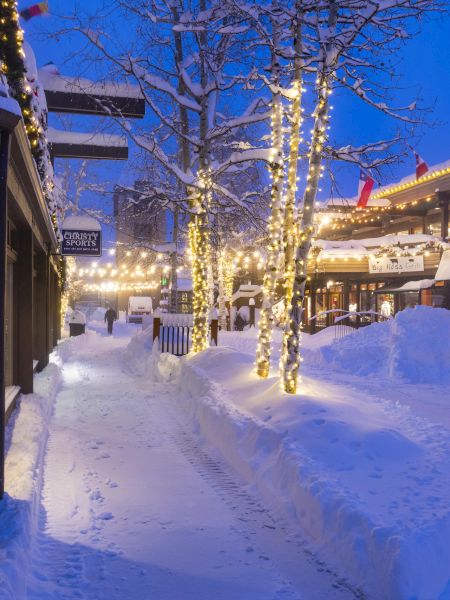 A snowy village street at dusk, ornaments and string lights on trees, shopfronts glow warmly, with piled snow along cleared paths. End.