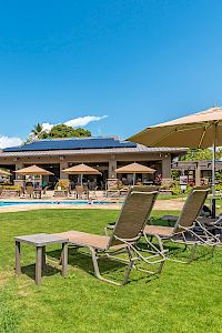 A sunny poolside scene with lounge chairs, umbrellas, and a clubhouse-like building, framed by palm trees and a clear blue sky.