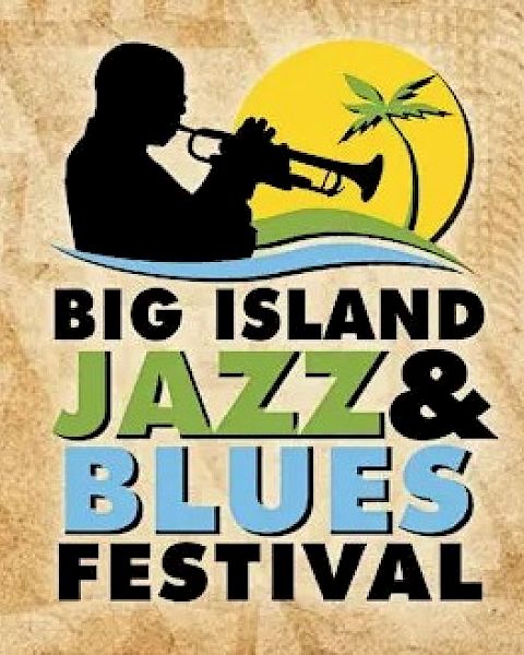 A poster for the Big Island Jazz & Blues Festival featuring a silhouette playing a trumpet, palm tree, sun, and bold colorful text.