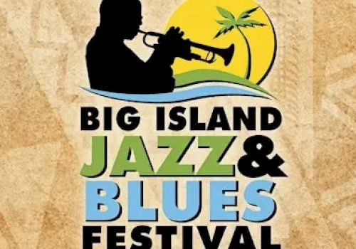 A poster for the Big Island Jazz & Blues Festival featuring a silhouette playing a trumpet, palm tree, sun, and bold colorful text.