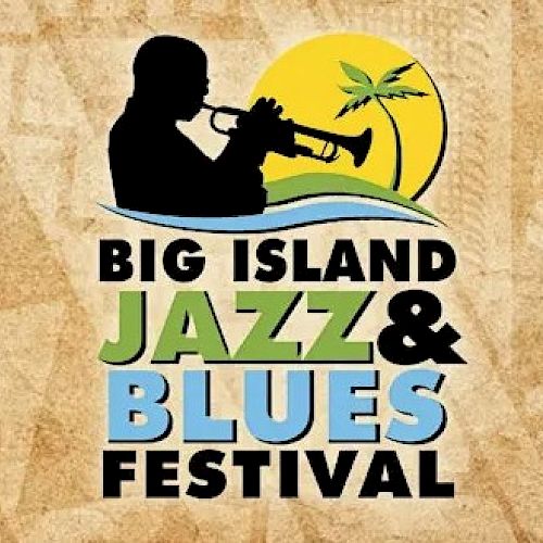 A poster for the Big Island Jazz & Blues Festival featuring a silhouette playing a trumpet, palm tree, sun, and bold colorful text.