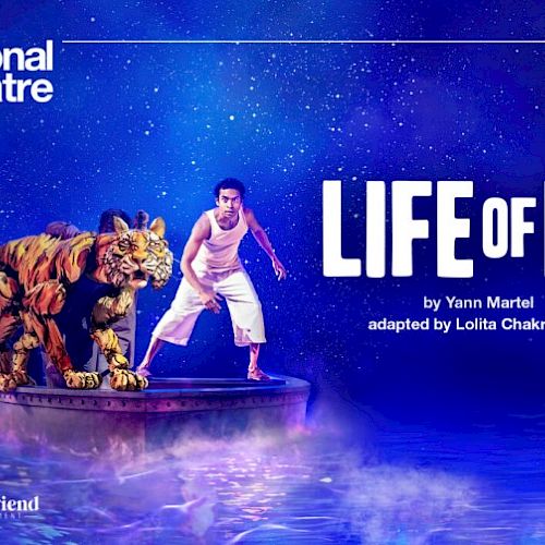 Life of Pi on stage: a tiger and a boy balance a lifeboat on a starry stage, as a daring theatre adaptation unfolds.
