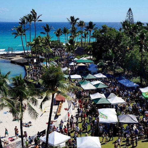 Beach, palm trees, and a crowded shoreline with umbrellas and people; ocean in the background.