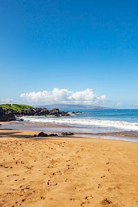 A tropical beach with golden sand, gentle waves, rocky outcrops, and tall palm trees lining the shore under a bright blue sky.