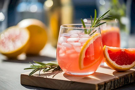 A pink grapefruit cocktail with ice on a wooden board, garnished with a rosemary sprig and orange slice, plus more citrus in the background.