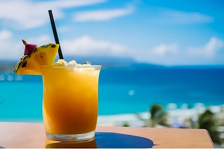 A tropical cocktail with a pineapple garnish and umbrella, set on a table by the ocean with blue skies and water in the background.