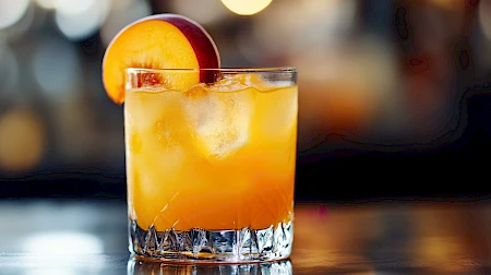 A whiskey or bourbon cocktail on the rocks with orange slice garnish, vibrant amber color, served in a short tumbler.
